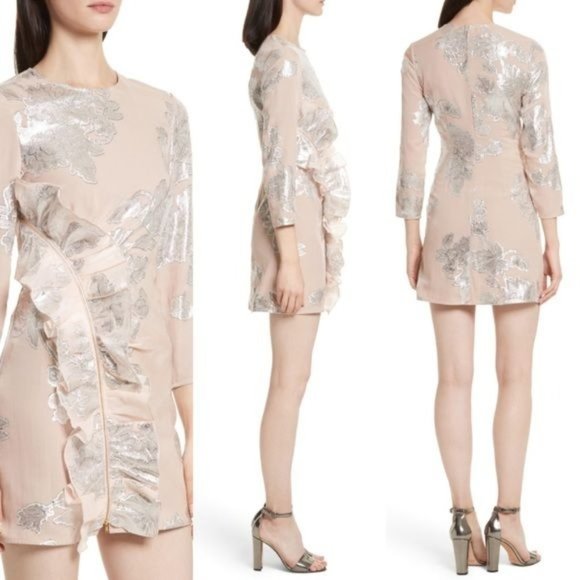 Self-Portrait Dresses & Skirts - Self-Portrait Metallic Fil Coupe Blush Zipper Floral Ruffle Mini Dress 8